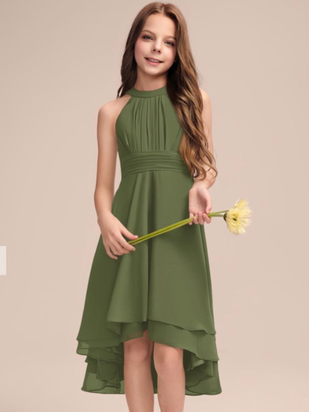 JJ's House Ilona Junior - Olive Green A-line Pleated Chiffon Dress